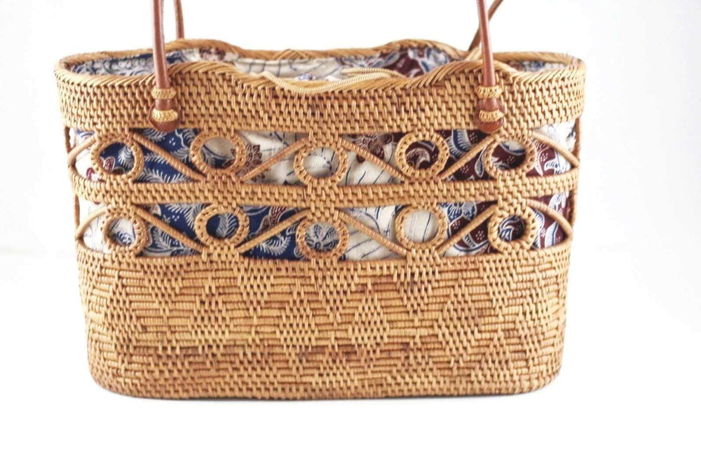 Angie Wood Creations Handmade Round Ata Bali High Quality Rattan Hand Bag Blue Lining