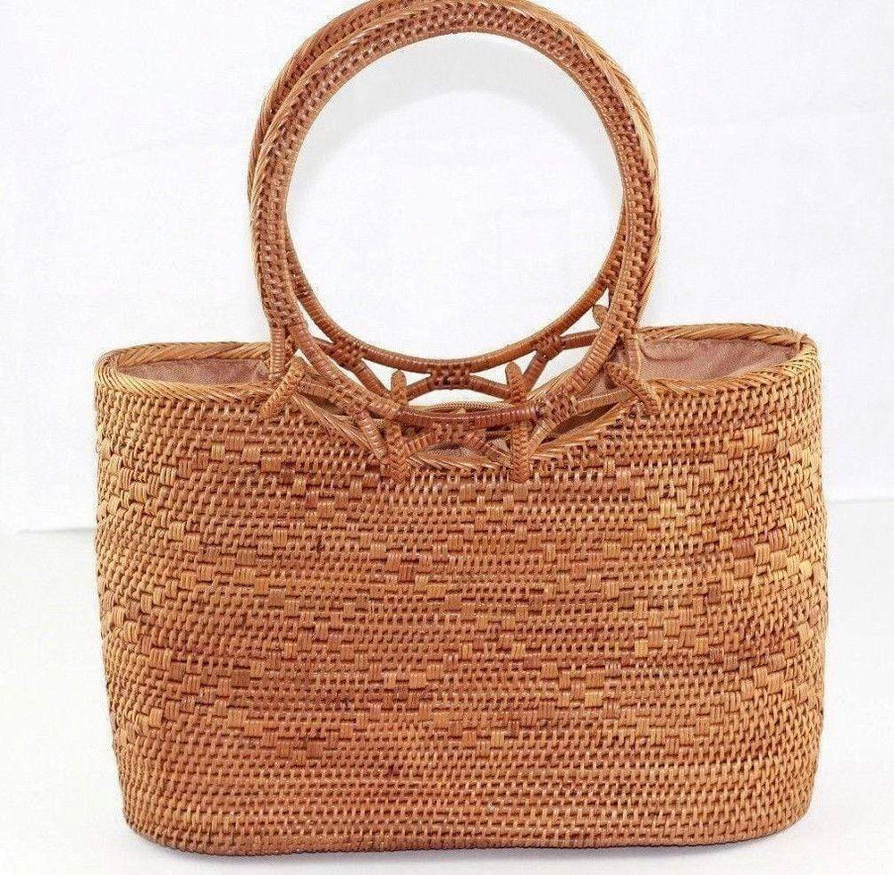 Angie Wood Creations Handmade Round Ata Bali High Quality Rattan Hand Bag Brown Lining