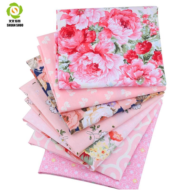 7pcs Pink Flowers Cotton Fabric Squares For Quilting Sewing DIY