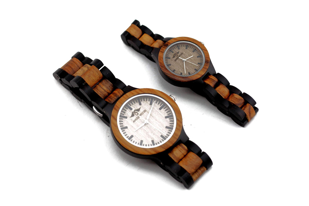 Angie Wood Creations Ebony and Zebrawood Couple's Watch With Black Markers W159,W081