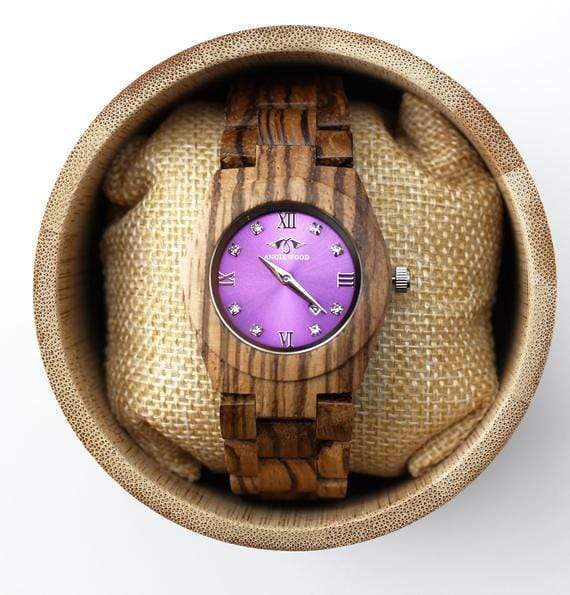 Angie Wood Creations Zebrawood Japanese Quartz Women's Watch With Purple Dial,Wood Watch(W164)