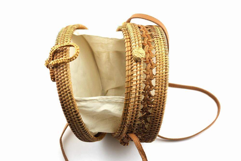 Angie Wood Creations Cork Bag/ Wood bag/Wallet Angie Wood Creations Handmade Round Ata Bali High Quality Rattan Hand Bag Flower style