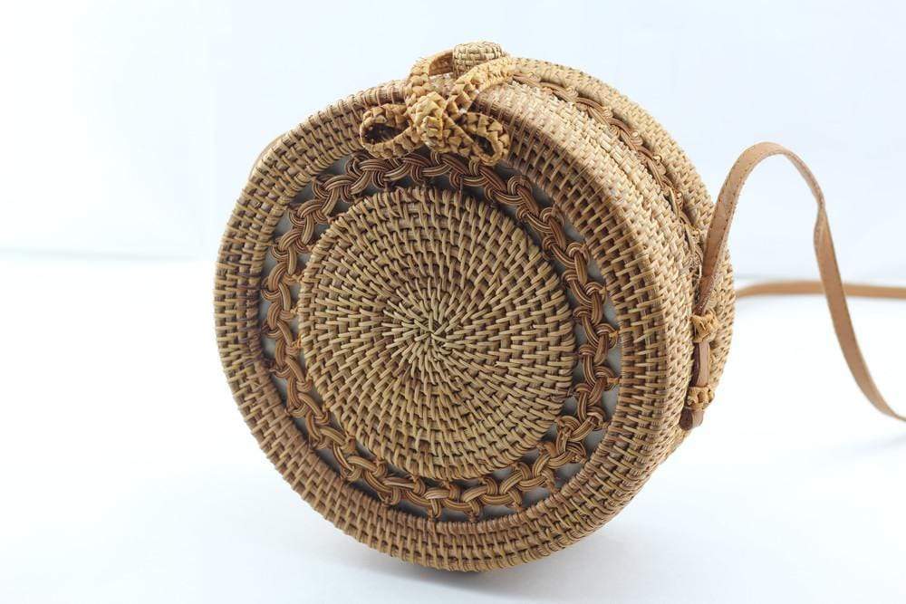 Angie Wood Creations Handmade Round Ata Bali High Quality Rattan Hand Bag Flower style