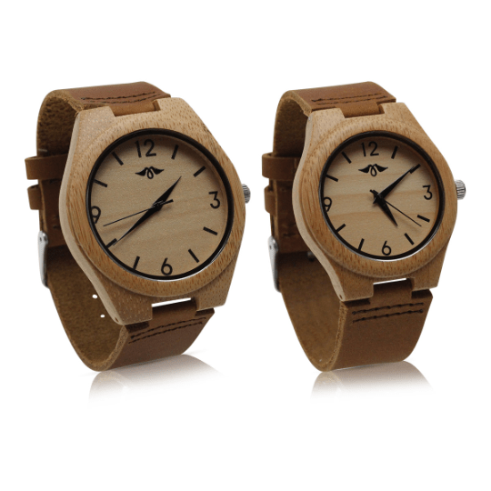 Engraved Bamboo Couple Watch with Brown Leather Strap(W087)