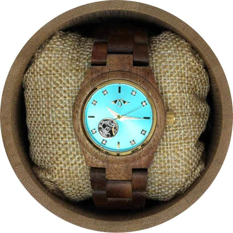 Angie Wood Creations Zebrawood Women's Automatic Watch With Blue Dial