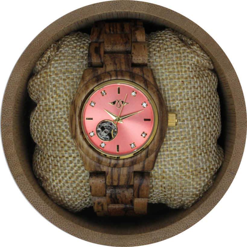 Angie Wood Creations Zebrawood Women's Automatic Watch With Pink Dial