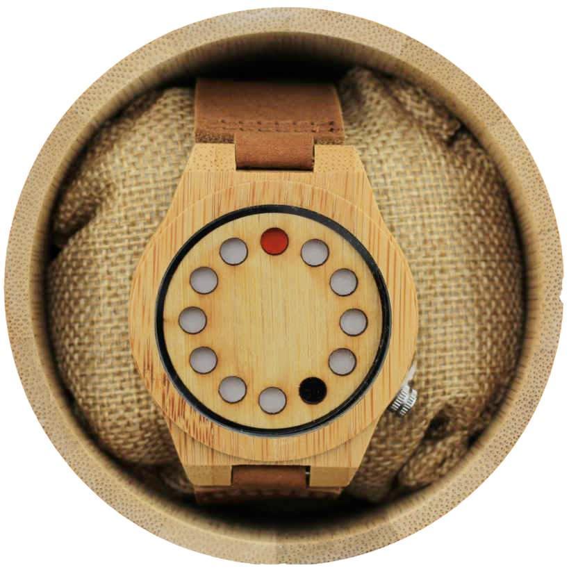 Angie Wood Creations Bamboo Men's Dotted Watch with Brown Leather Strap