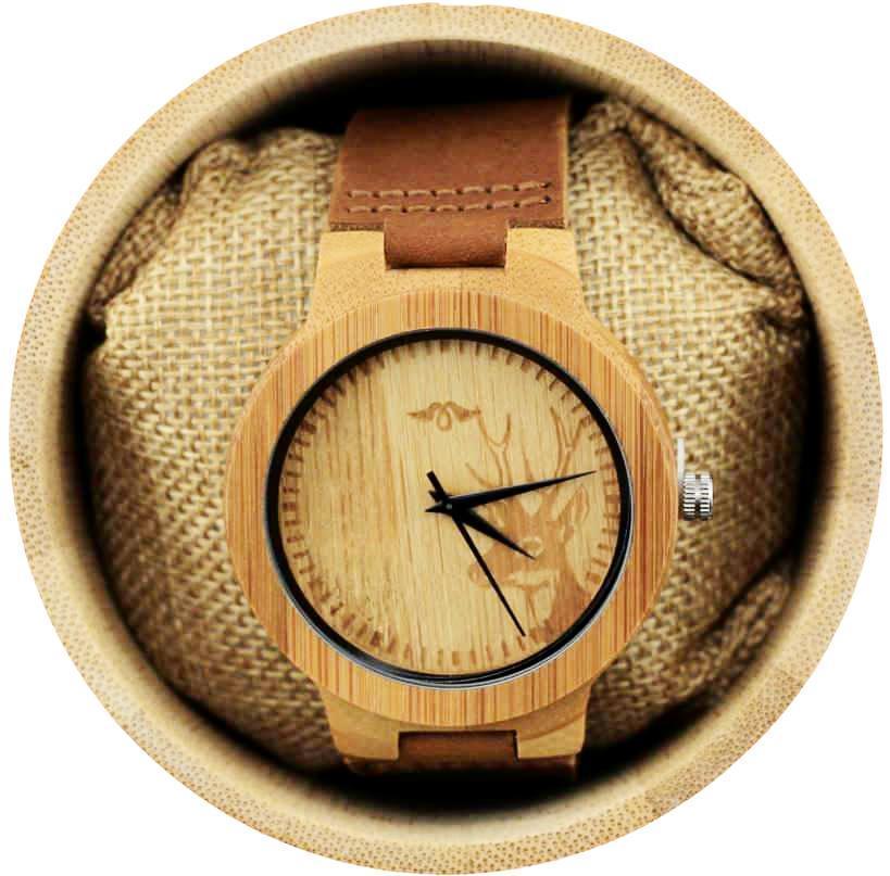 Angie Wood Creations Bamboo Men's Watch with Deer Engraving and Leather Strap