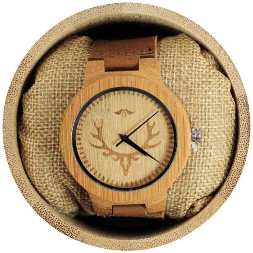 Angie Wood Creations Bamboo Men's Watch With Laser Engraved Caribou Skull