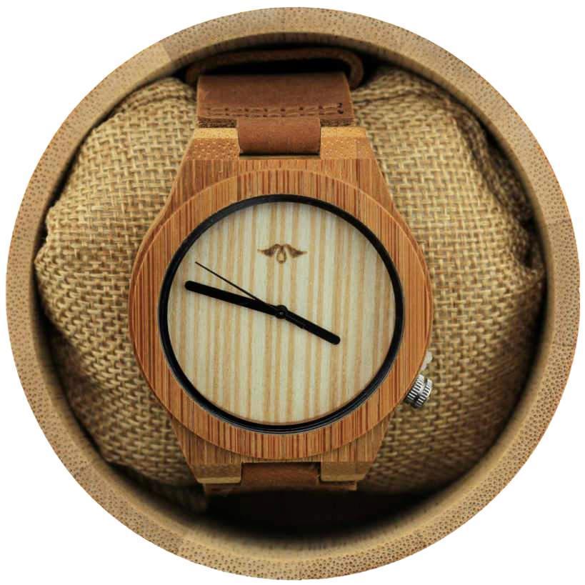 Angie Wood Creations Bamboo Men's Watch with Striped Bamboo Dial and Black Hands