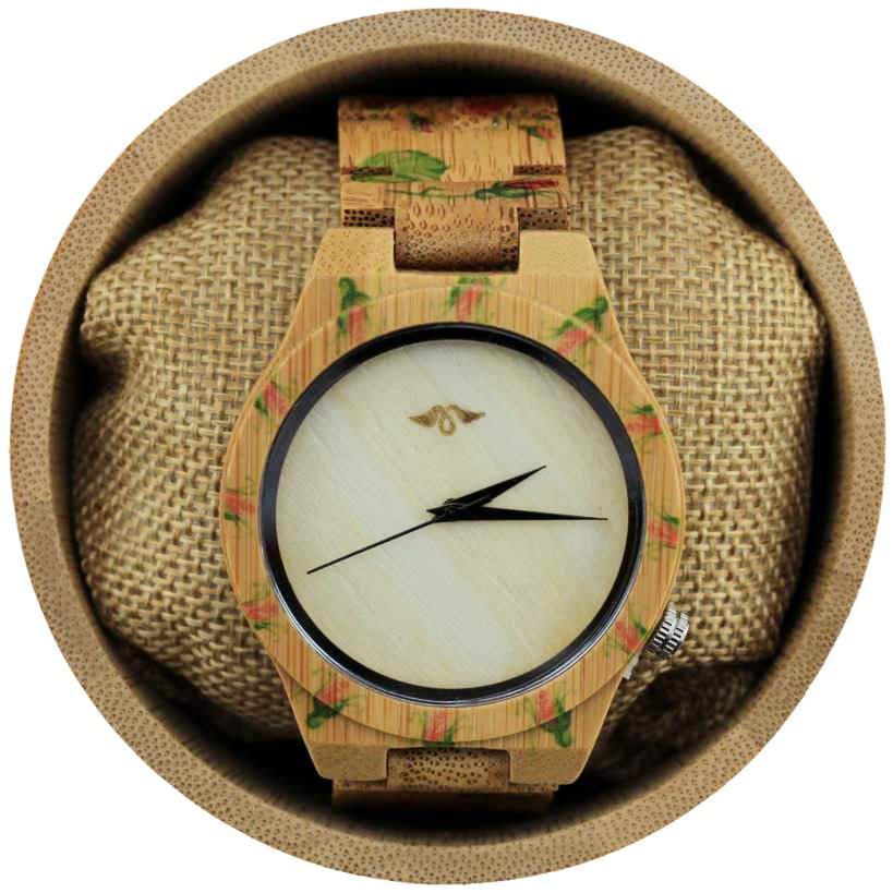 Angie Wood Creations Bamboo Women's Watch with Handpainted Flowers