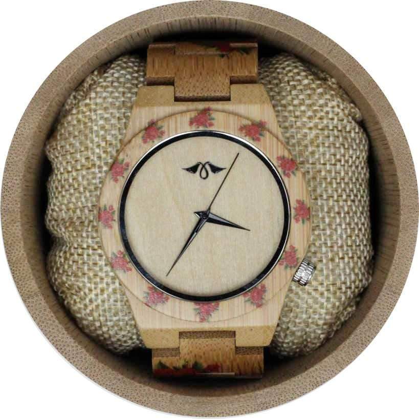 Angie Wood Creations Bamboo Women's Watch With Rose Design and Bamboo Dial