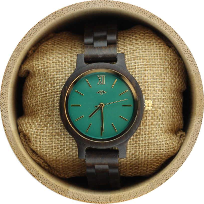 Angie Wood Creations Black Sandalwood Women's Watch with Emerald Green Dial
