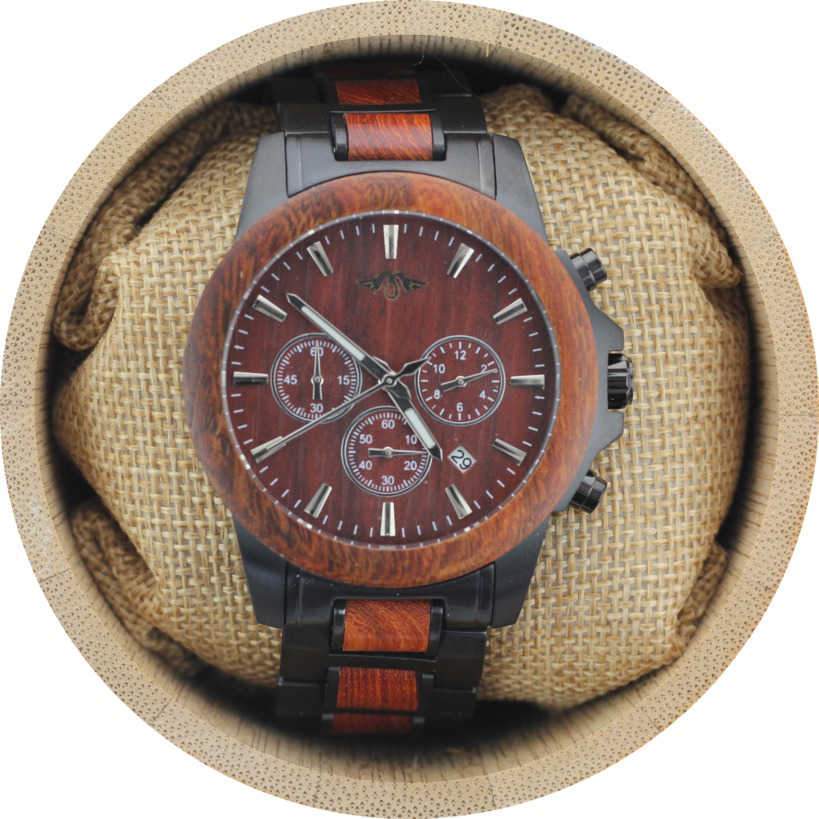 Angie Wood Creations Black Stainless Steel and Red Sandalwood Men's Watch