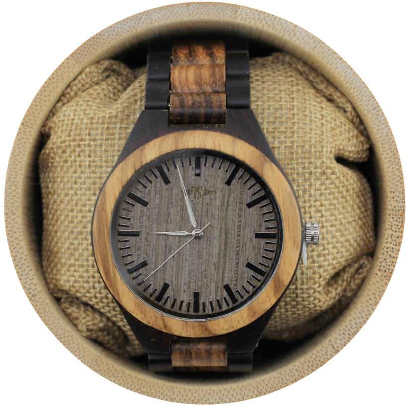 Angie Wood Creations Ebony and Zebrawood Men's Watch With Black Markers(W036)