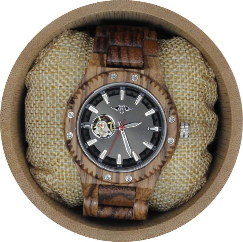 Angie Wood Creations Olive Wood Men's Self Winding Watch With Black Dial