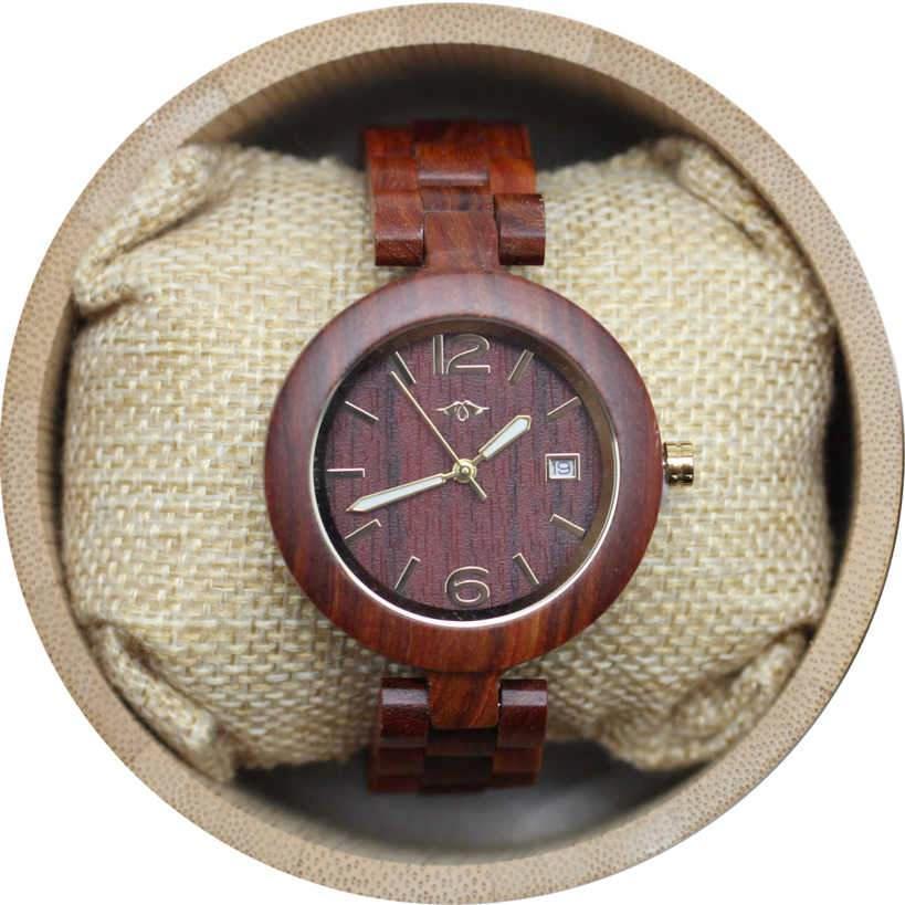 Angie Wood Creations Red Sandalwood Women's Watch with Luminous Gold Hands