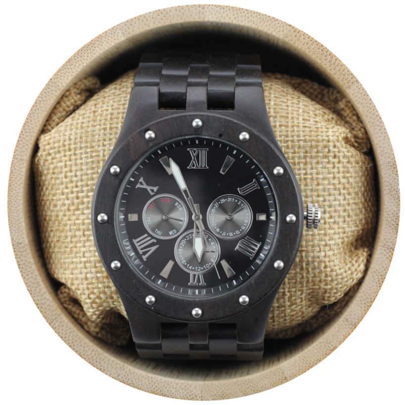 Angie Wood Creations Studded Ebony Men's Watch with Black Dial and Silver Hands