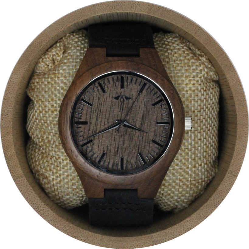 Walnut Men's Watch With Black Leather Strap