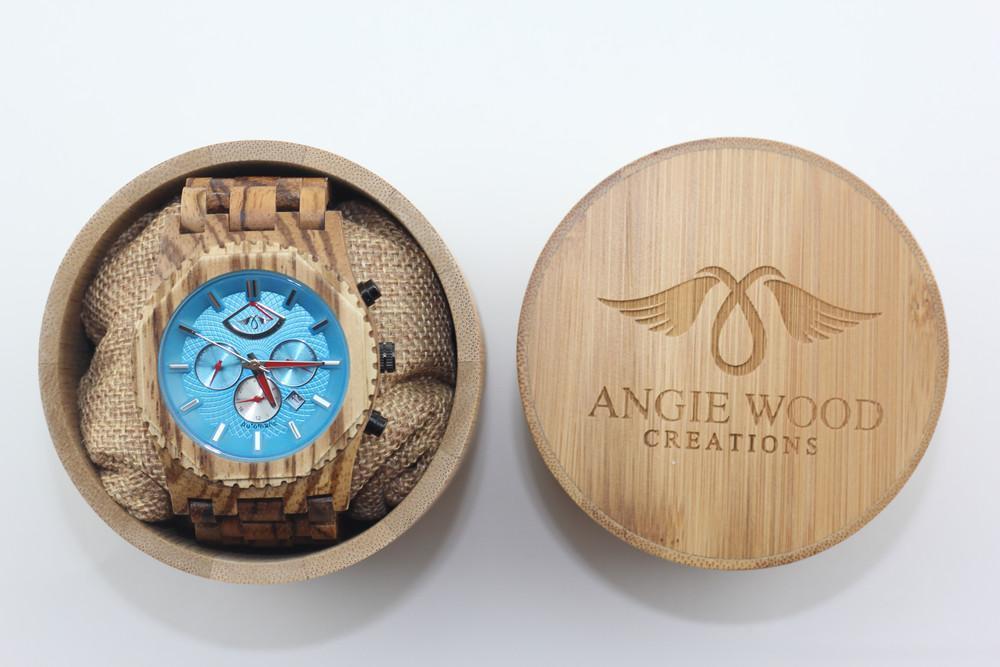 Angie Wood Creations Zebrawood Men’s Automatic Watch with Aqua Dial