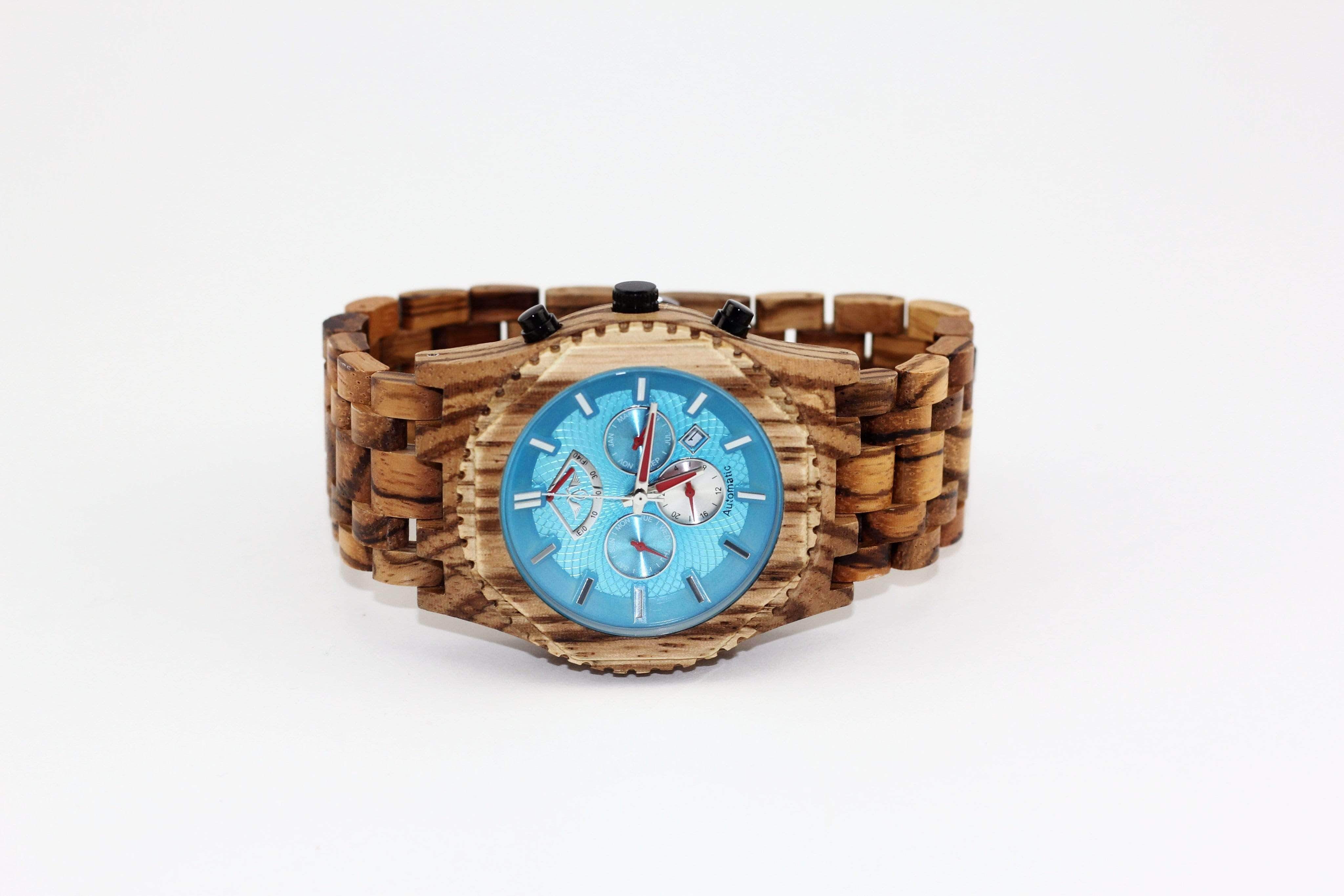 Angie Wood Creations Zebrawood Men’s Automatic Watch with Aqua Dial