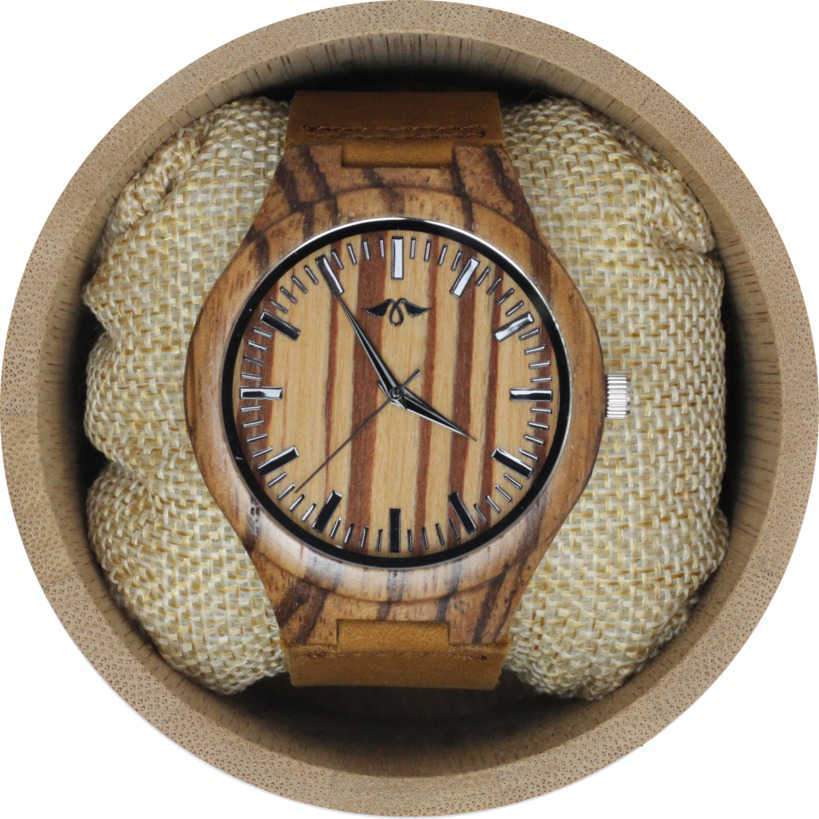 Angie Wood Creations Zebrawood Men's Watch With Matching Dial and Leather Strap